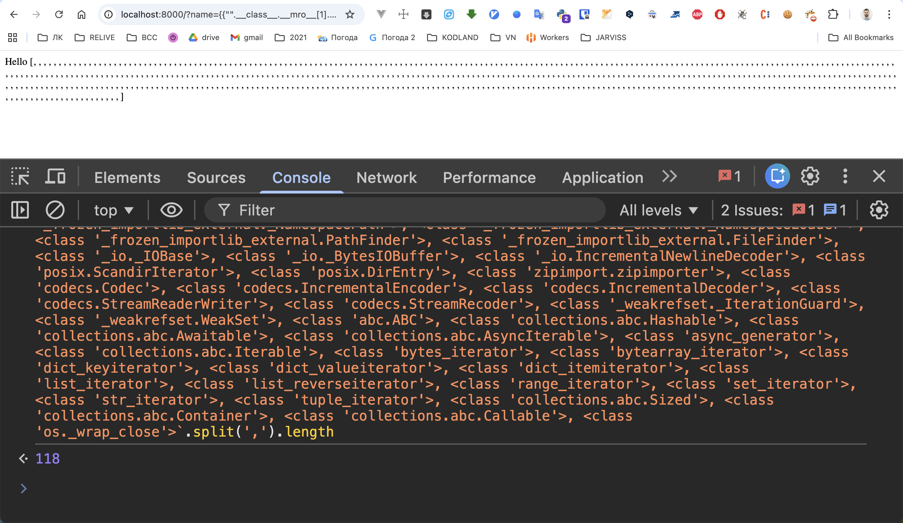 Console: counting index via split(',').length