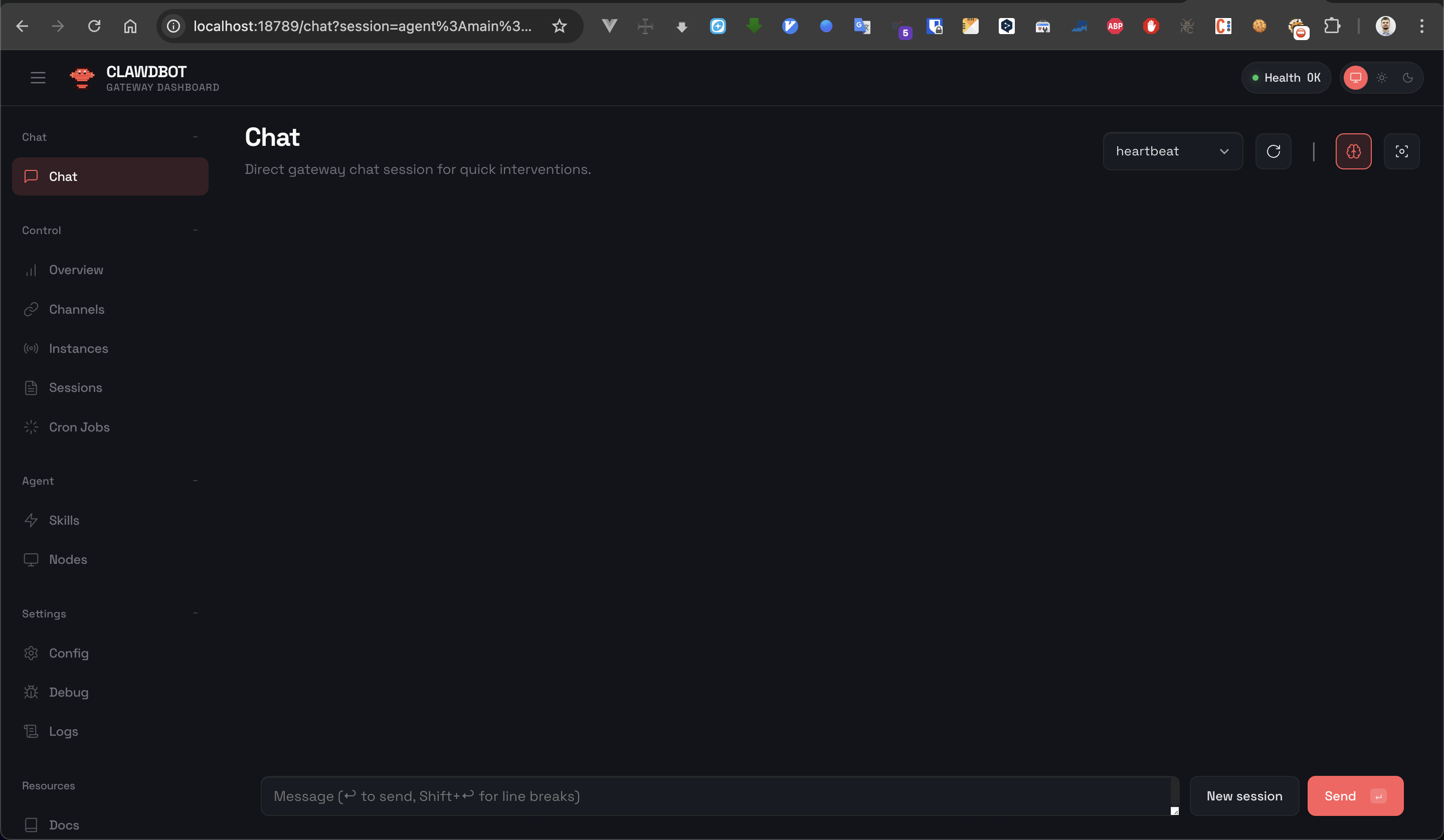 OpenClaw Control UI landing page — Chat tab